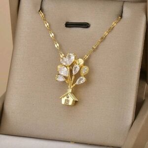 Gold Balloon House Pendant Necklace with Clear Stones - Women Jewelry